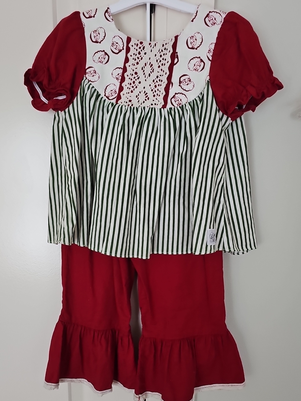 RicRac Red Green Santa Striped Peasant Top with Matching Red Ruffle Pants 24m